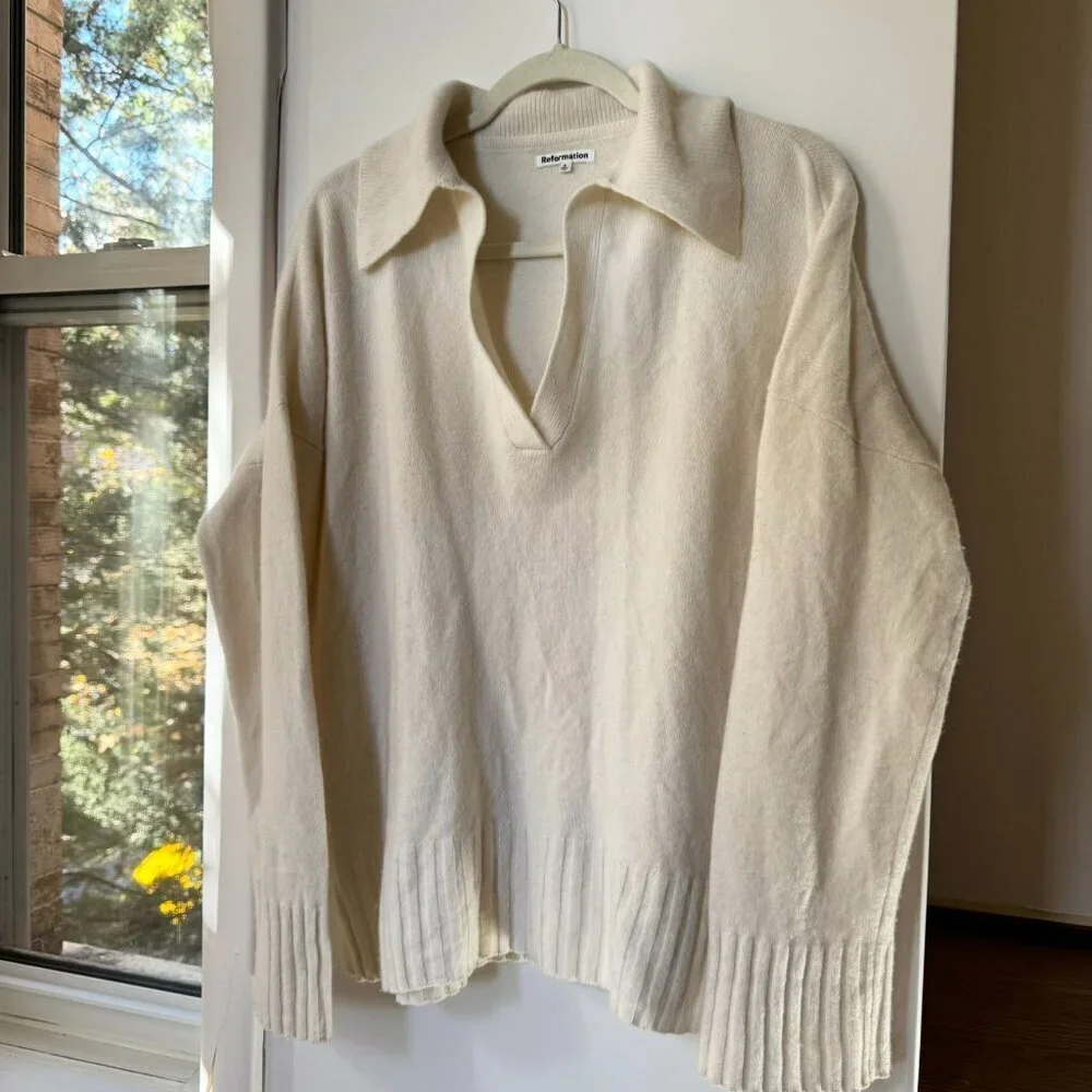Reformation Otto Wool Polo Sweater Arctic Cream Small